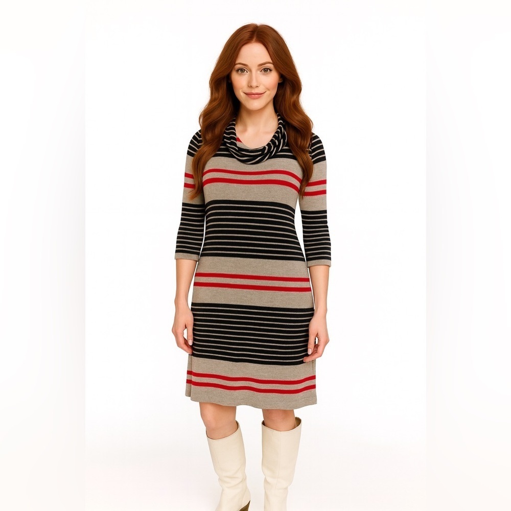 Women's Three Dots Striped Cowl Neck Dress XL Beige Black Red